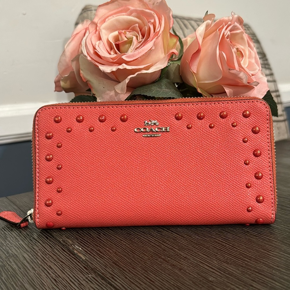 COACH Accordion Zip Wallet With Studs coral color